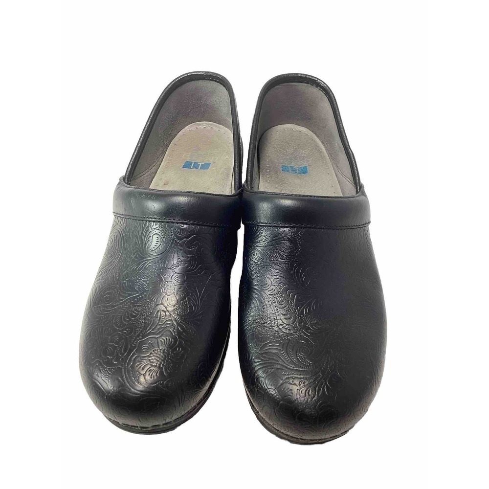 Dansko LT Pro Women's Black Floral Tooled Leather Clogs Professional 39 / 8.5-9